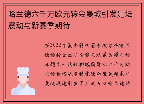 哈兰德六千万欧元转会曼城引发足坛震动与新赛季期待