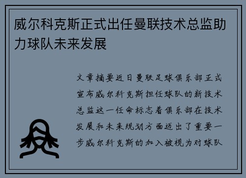 威尔科克斯正式出任曼联技术总监助力球队未来发展